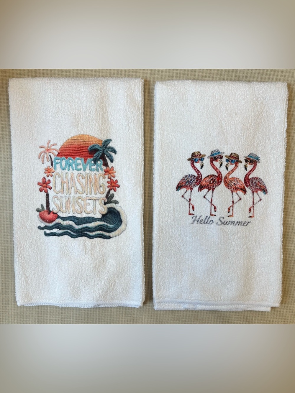 White Embroidered 'Forever Chasing Sunsets' & Flamingo Hand Towels